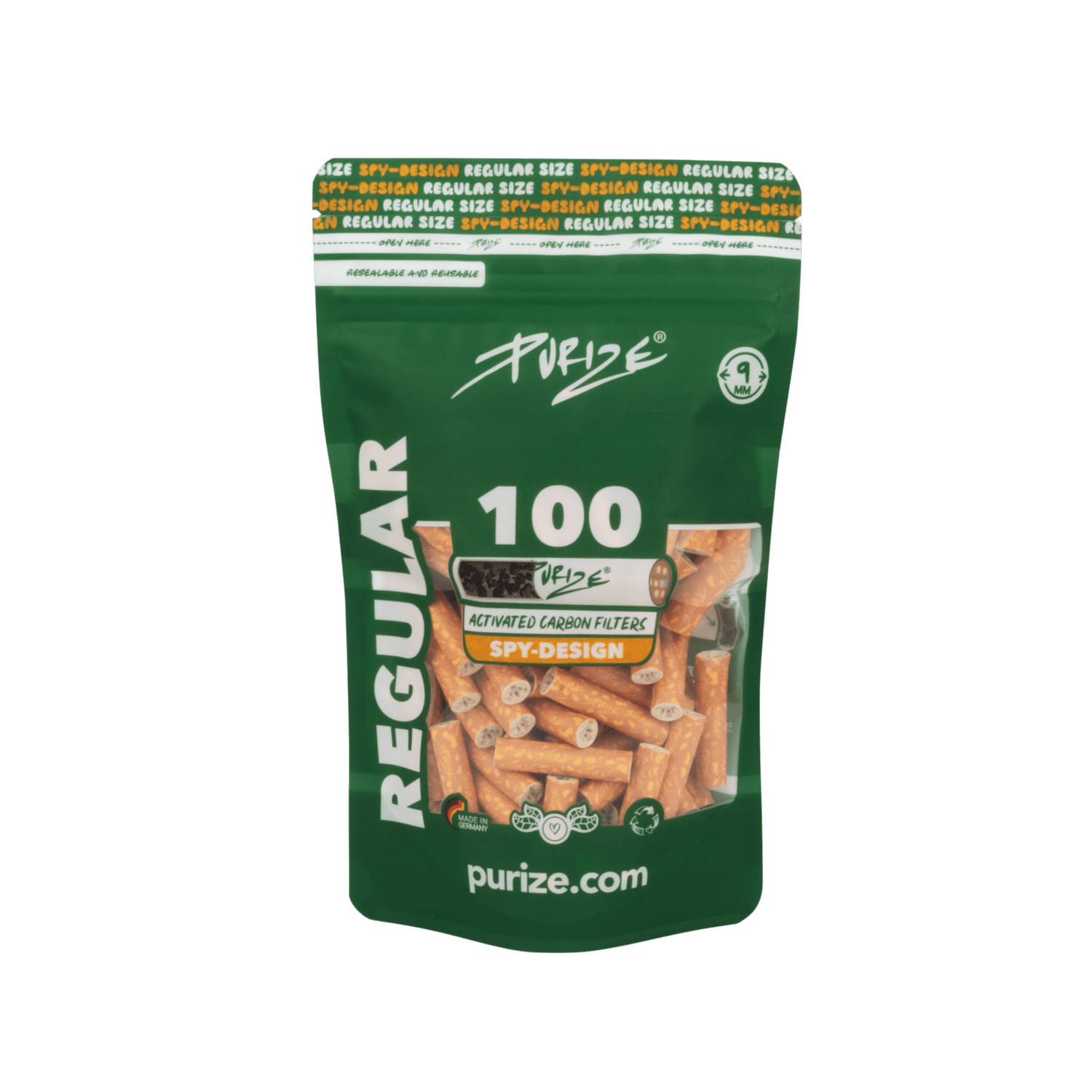 PURIZE Regular 9mm Aktivkohlefilter Spy 100 Stück Packung