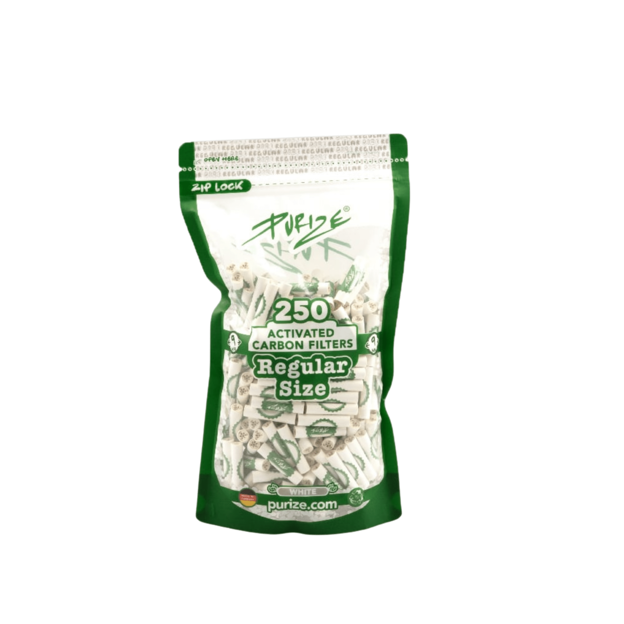 PURIZE Regular 9mm Aktivkohlefilter White 250 Stück Vorratsbeutel