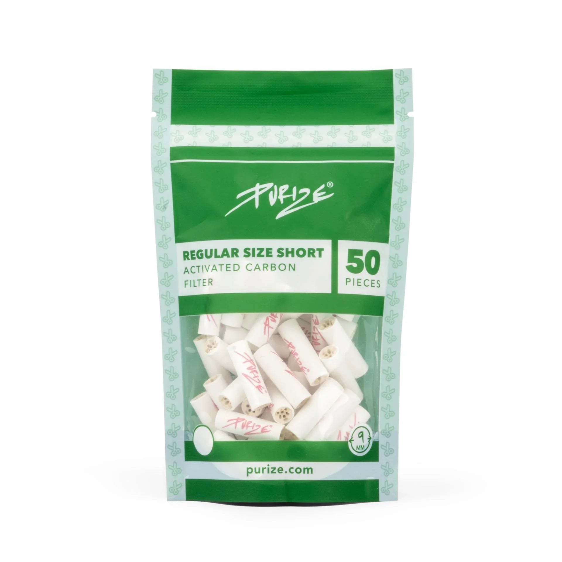 PURIZE Regular Size Short 9mm Aktivkohlefilter White 50 Stück
