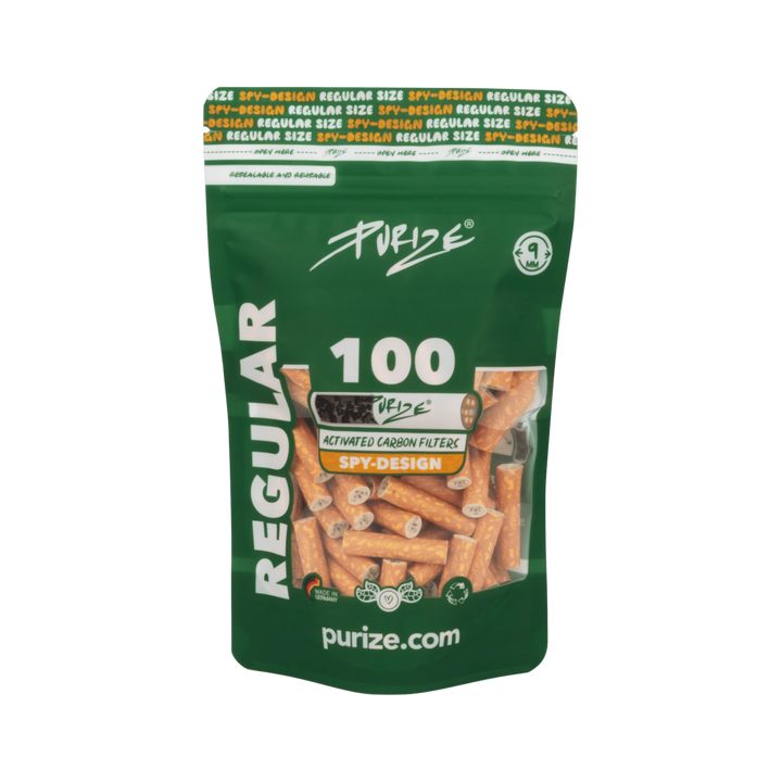 PURIZE Regular 9mm Aktivkohlefilter Spy 100 Stück Packung