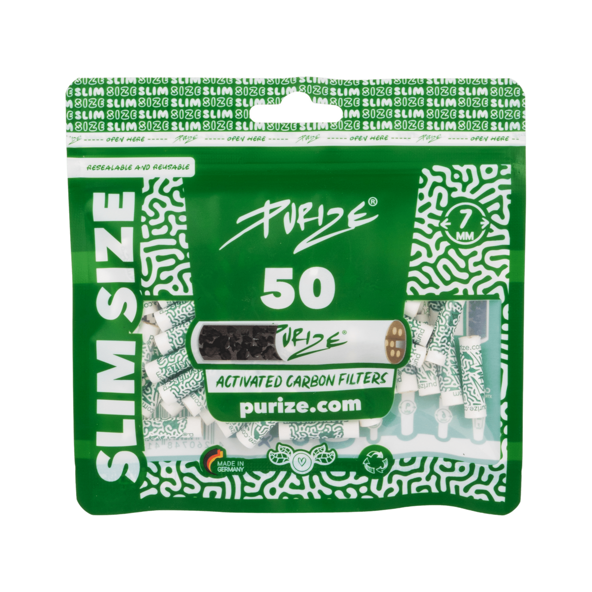 PURIZE Slim Size 7mm Aktivkohlefilter White 50 Stück