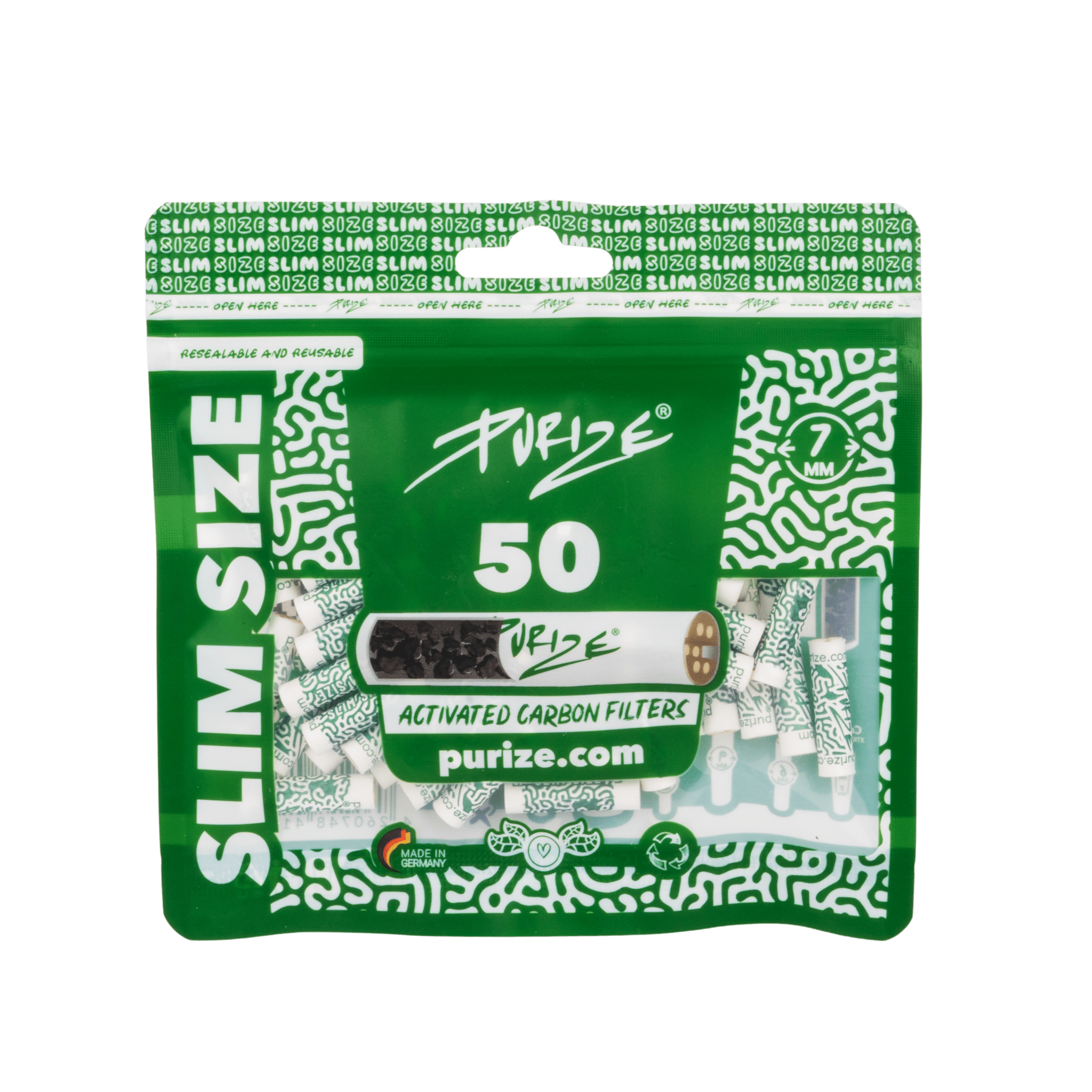 PURIZE Slim Size 7mm Aktivkohlefilter White 50 Stück