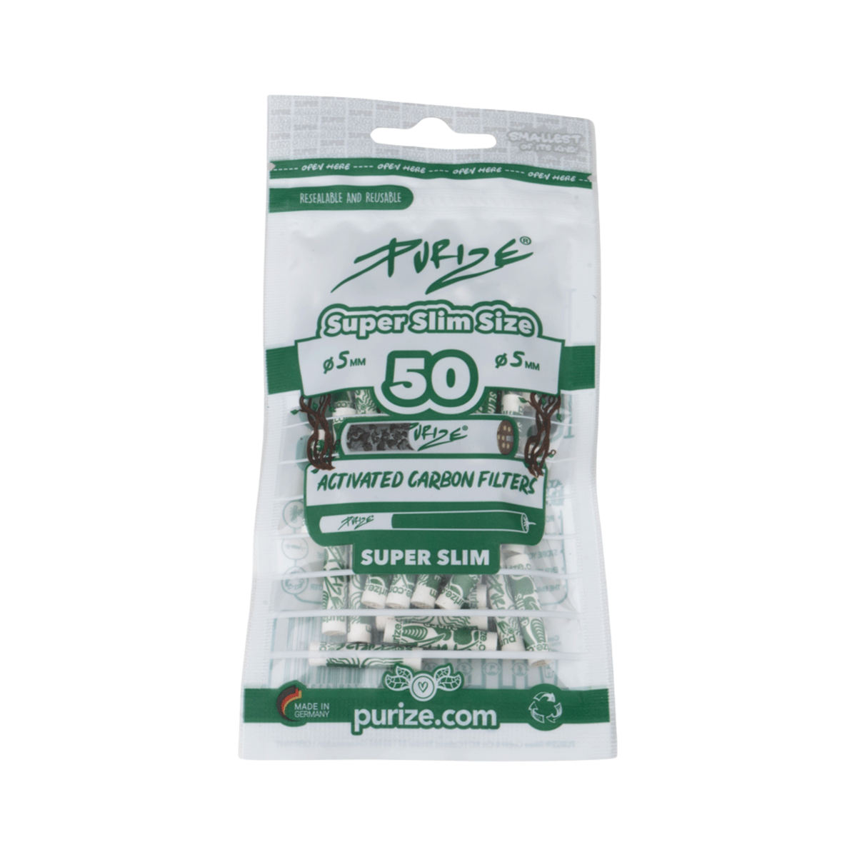 PURIZE Super Slim 5mm Aktivkohlefilter White 50 Stück Packung