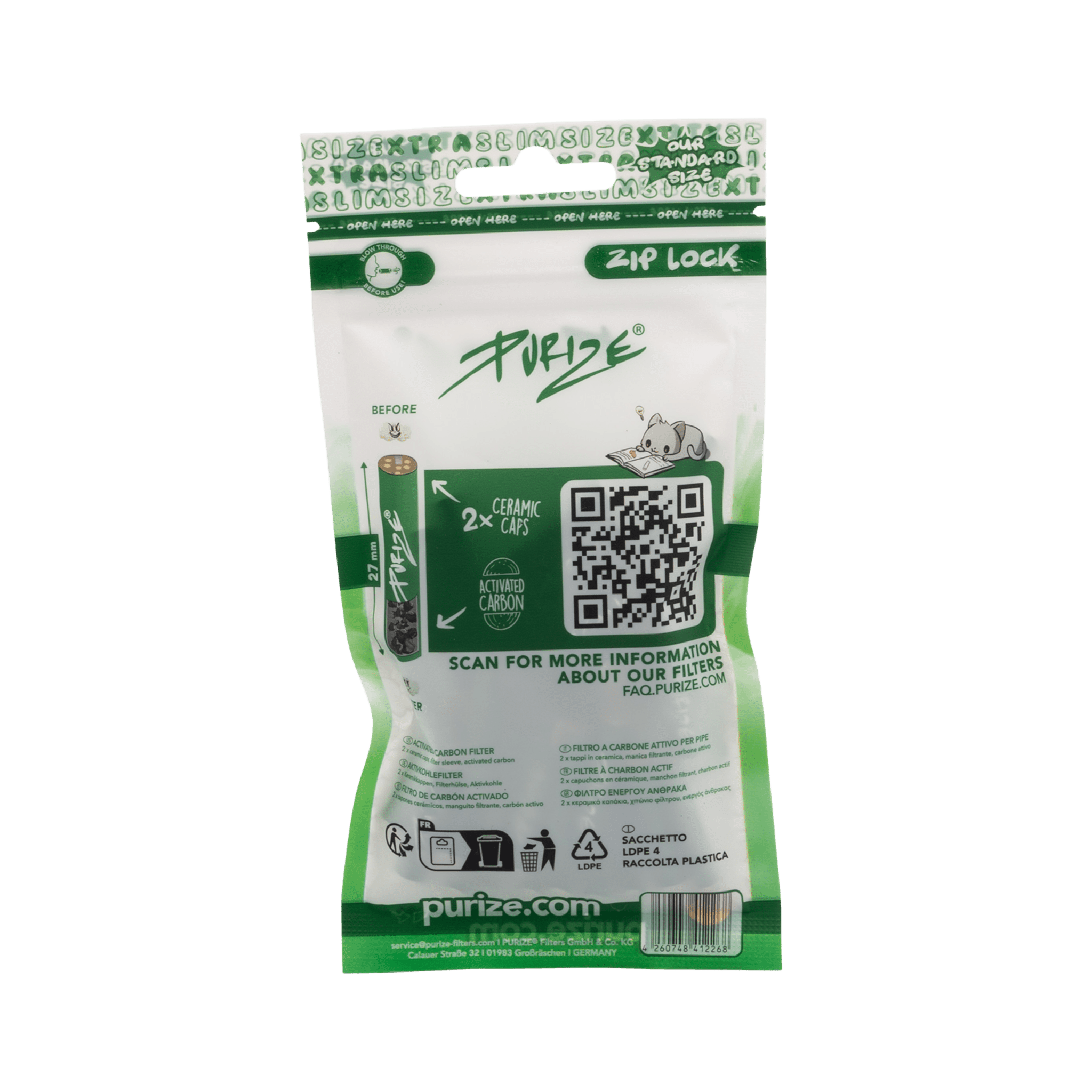 Rückseite PURIZE XTRA Slim 6mm Green Aktivkohlefilter 50 Stück