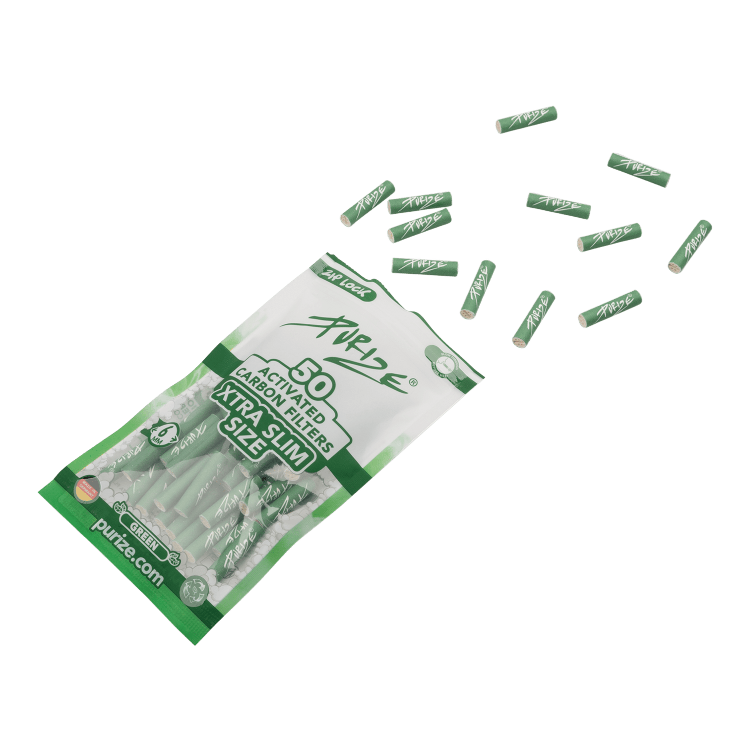 Nahaufnahme PURIZE XTRA Slim 6mm Aktivkohlefilter in Grün
