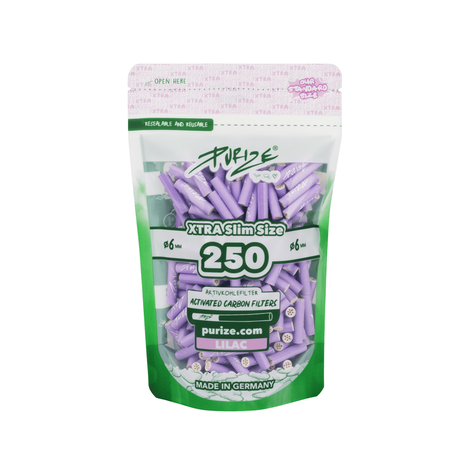 PURIZE XTRA Slim 6mm Aktivkohlefilter Lilac 250 Stück