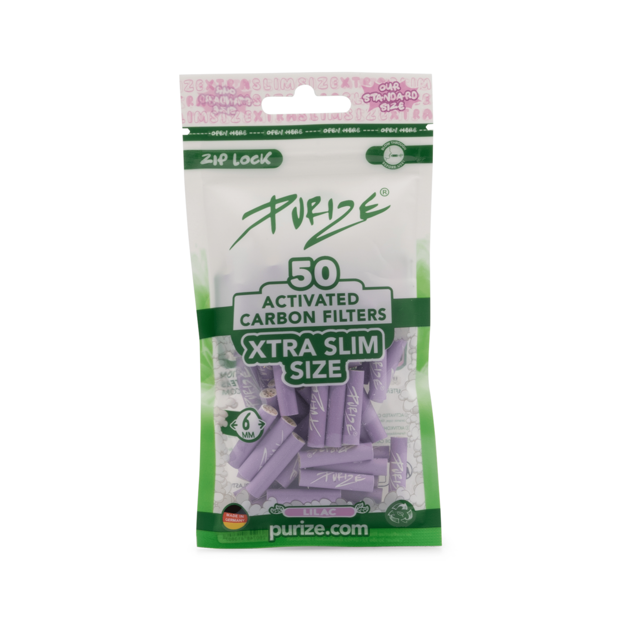 PURIZE XTRA Slim 6mm Aktivkohlefilter Lilac 50 Stück Beutel
