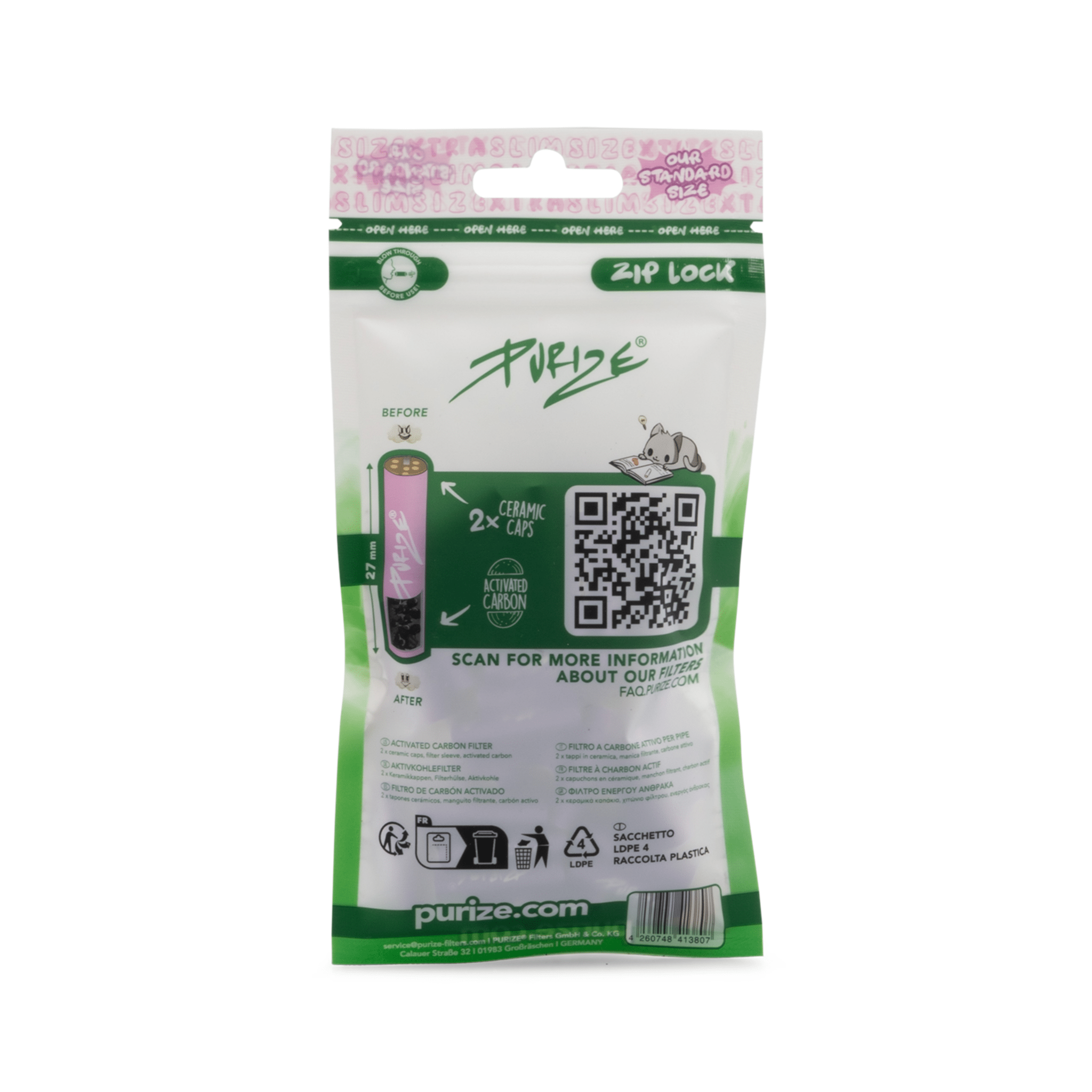 Rückseite PURIZE XTRA Slim 6mm Lilac Aktivkohlefilter 50 Stück