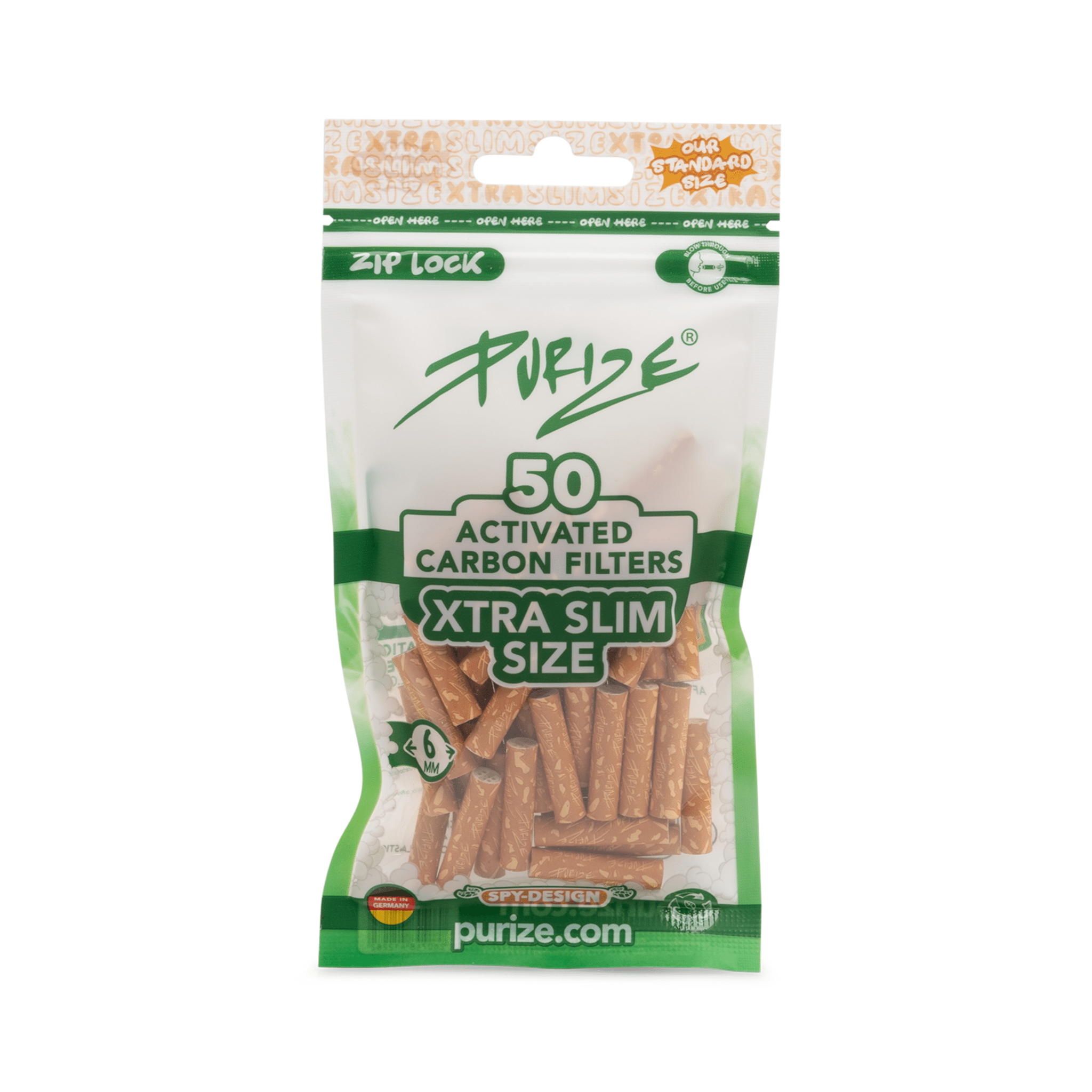 PURIZE XTRA Slim 6mm Aktivkohlefilter Spy 50 Stück Beutel