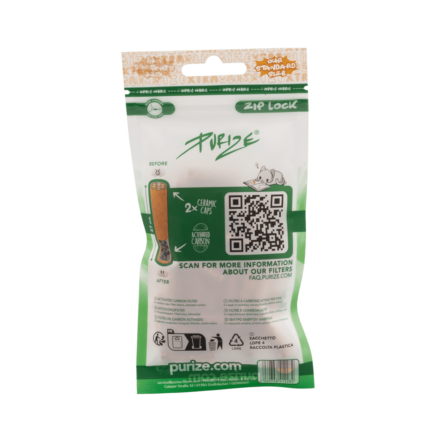 Rückseite PURIZE XTRA Slim 6mm Spy Aktivkohlefilter 50 Stück