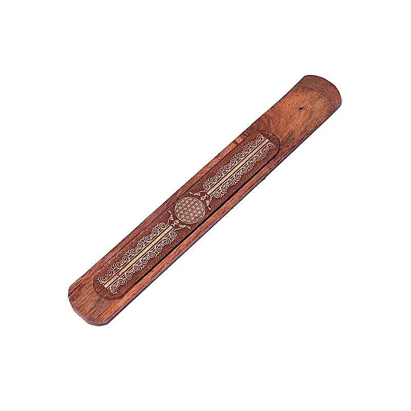 „Räucherstäbchenhalter aus Akazienholz mit Blume des Lebens Gravur