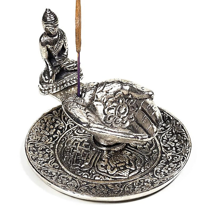 Räucherstäbchenhalter Buddhas Hände aus Aluminium, Metall-Schale