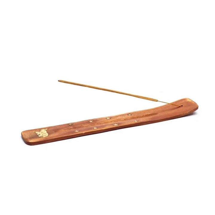 Räucherstäbchenhalter aus Holz mit Elefanten-Emblem aus Metall
