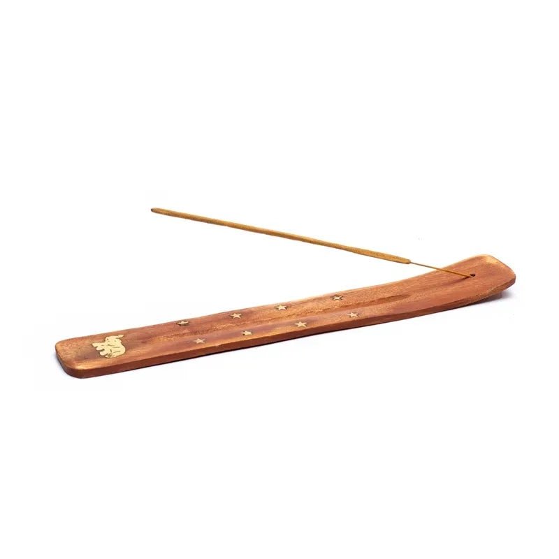 Räucherstäbchenhalter aus Holz mit Elefanten-Emblem aus Metall