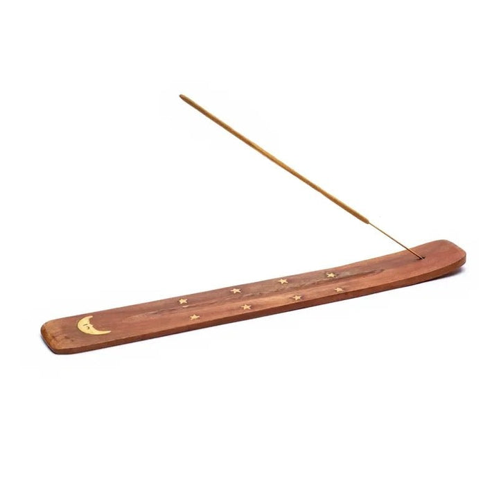 Räucherstäbchenhalter aus Holz mit Mond-Emblem aus Metall