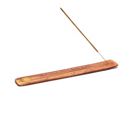 Räucherstäbchenhalter aus Holz mit Sonnen-Emblem aus Metall