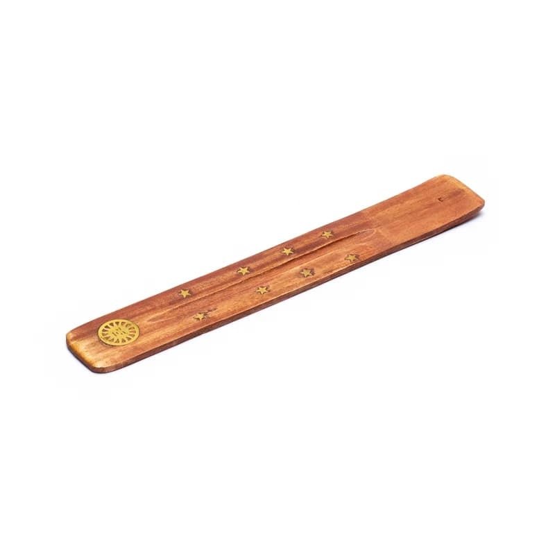 Seitenansicht Holz Räucherstäbchenhalter Sonne in schräger Ansicht
