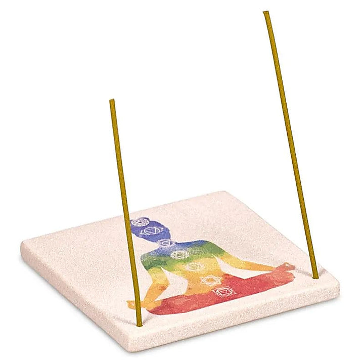 Viereckiger Sandstein Räucherstäbchenhalter mit 7 Chakren Motiv