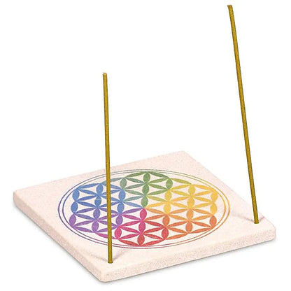 Viereckiger Sandstein Räucherstäbchenhalter mit Blume des Lebens