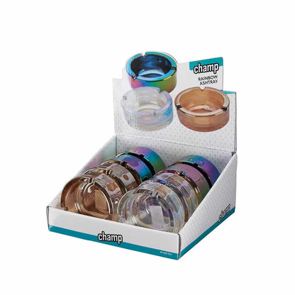 Einzelansicht runder Glasaschenbecher mit Regenbogen-Effekt