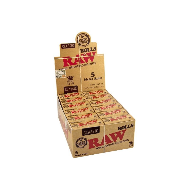 Display mit 24 RAW Classic Rolls Slim Rollen à 5 m