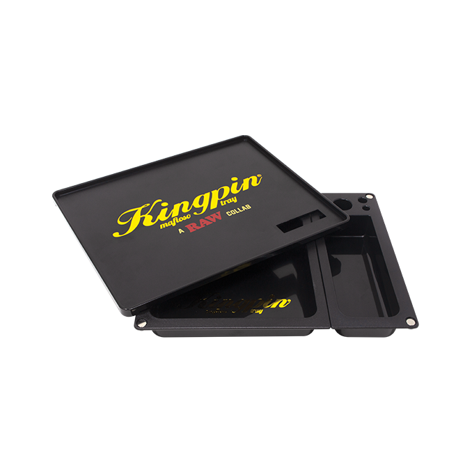 RAW Kingpin Mafioso Rolling Tray Schwarz mit Deckel und gelbem Schriftzug