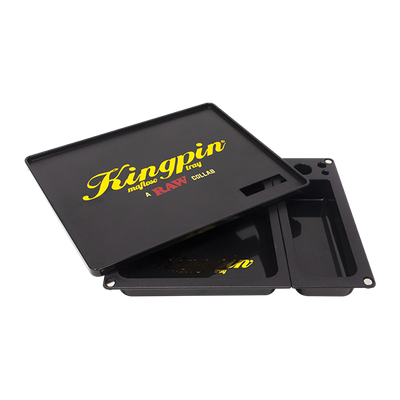 RAW Kingpin Mafioso Rolling Tray Schwarz mit Deckel und gelbem Schriftzug