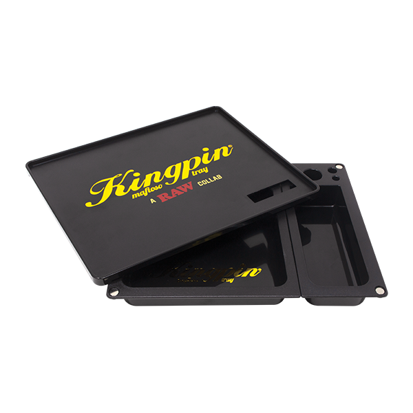 RAW Kingpin Mafioso Rolling Tray Schwarz mit Deckel und gelbem Schriftzug