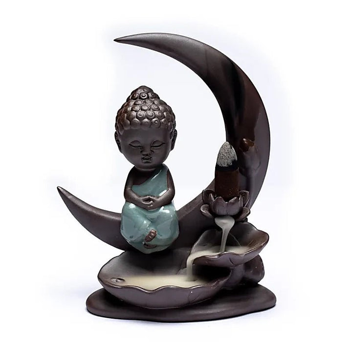 Rückfluss Räucherschale Buddha auf Mond aus Keramik