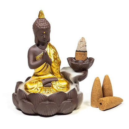 Detailansicht Buddha-Design Rückfluss Räucherschale aus Keramik
