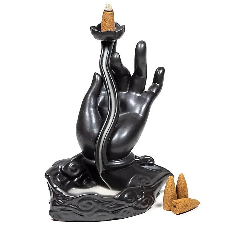 Rückfluss Räucherschale Lotus Hand aus Keramik, Frontansicht