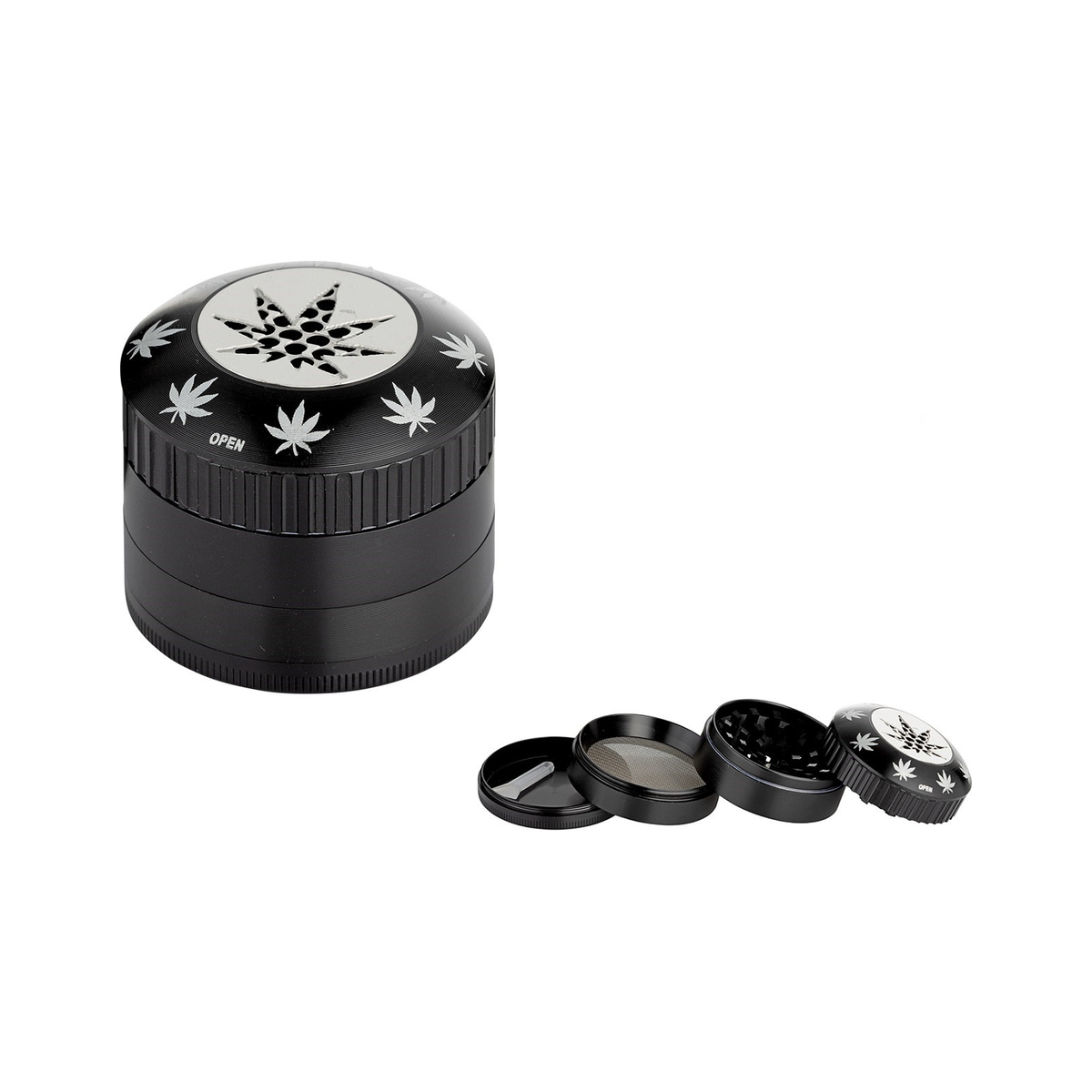 Alu-Grinder 4-teilig, 50 mm, Hanfblatt Schwarz – Mühle für Kräuter und Tabak