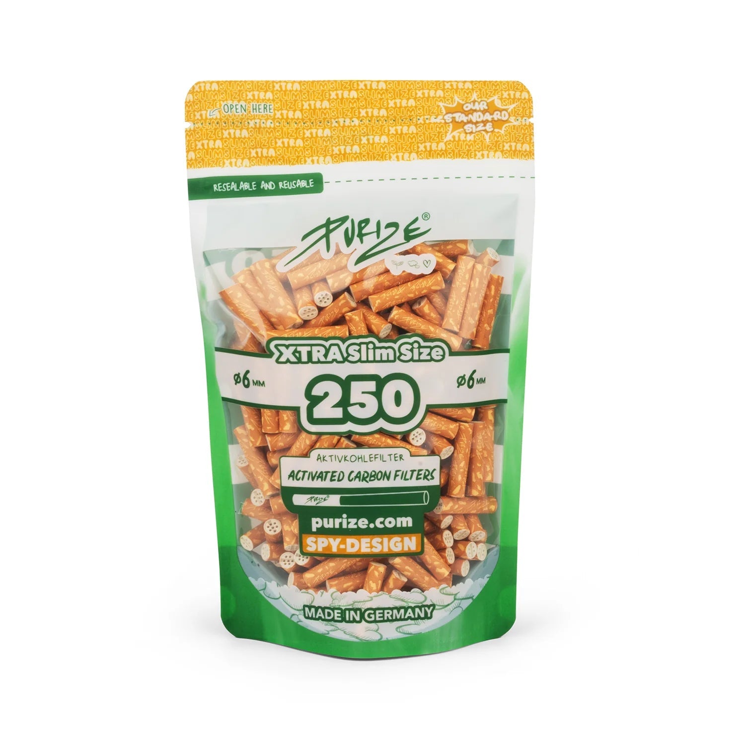 PURIZE XTRA Slim 6mm Aktivkohlefilter Spy 250 Stück Beutel