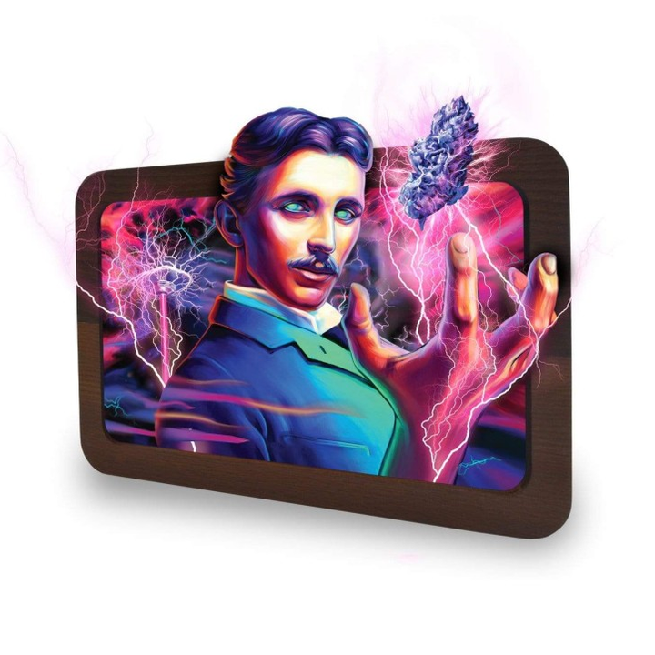 V Syndicate 3D Holz Rolling Tray High Voltage mit Nikola Tesla Portrait und Blitzen