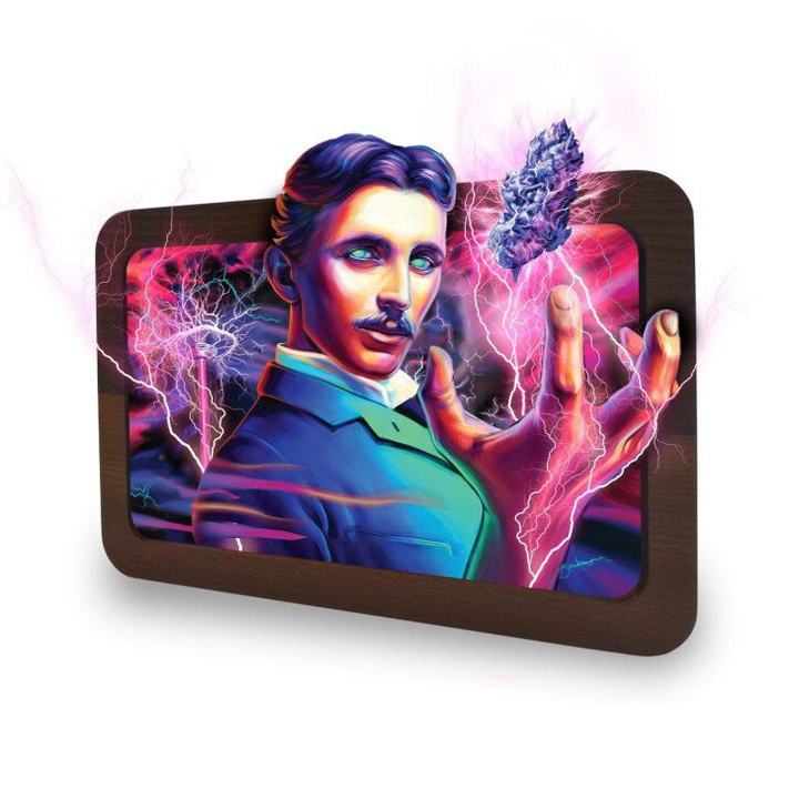 V Syndicate 3D Wood Rolling Tray High Voltage mit Tesla-Portrait und Blitzen auf Holzrahmen