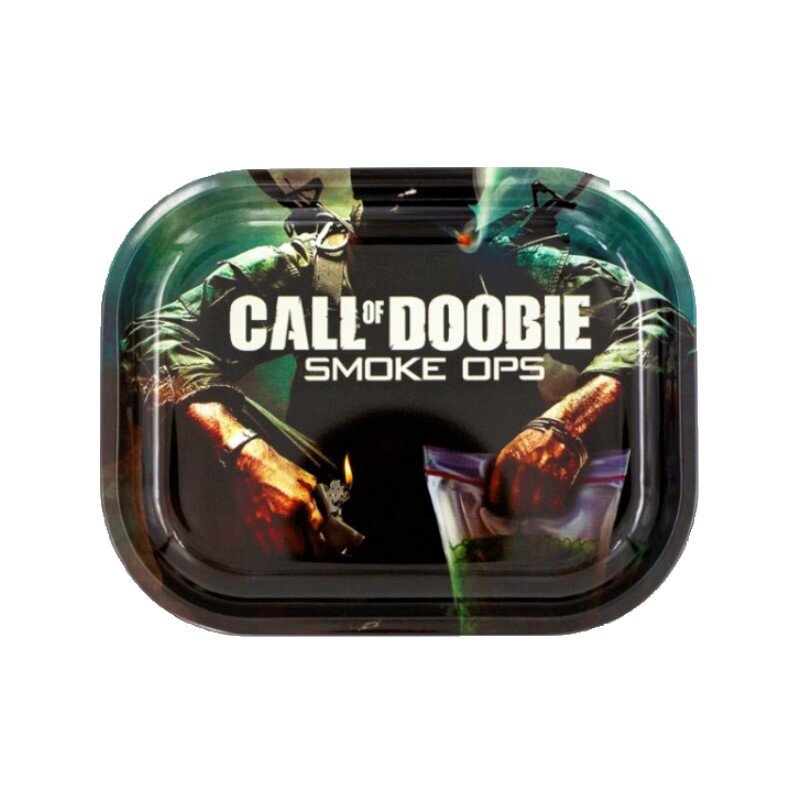 Detailansicht Call of Doobie Rolling Tray Design aus Metall
