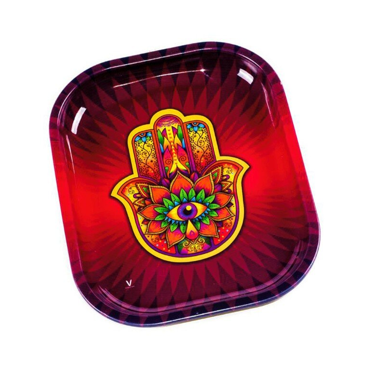 V Syndicate Rolling Tray Hand mit farbenfroher Hamsa Hand und Auge auf rotem Grund