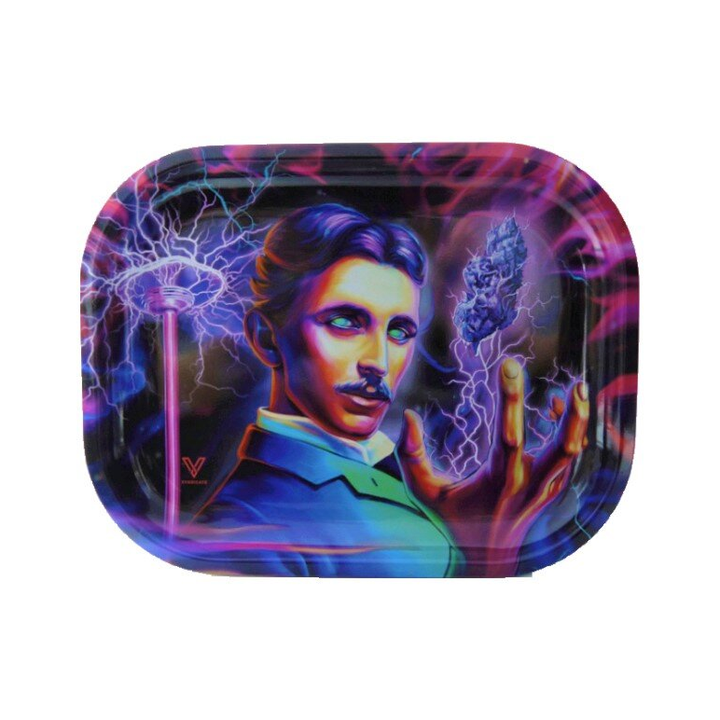 V Syndicate Rolling Tray High Voltage mit Nikola Tesla Motiv und violetten Blitzen