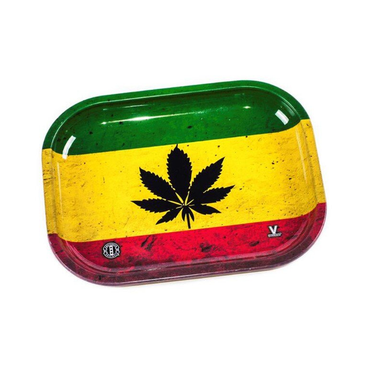 V Syndicate Rolling Tray mit schwarzem Hanfblatt auf Rasta Farben Streifen
