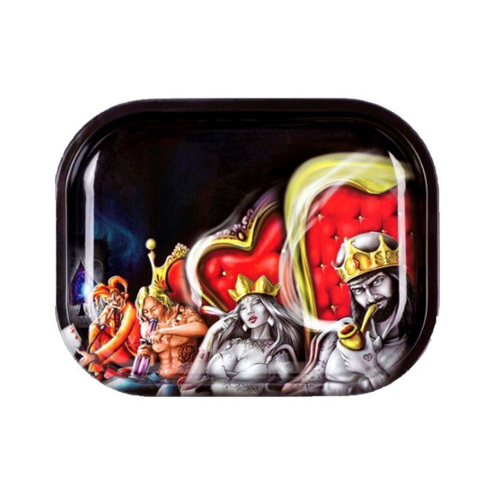 V Syndicate Rolling Tray mit König, Königin und Joker vor rotem Herzthron