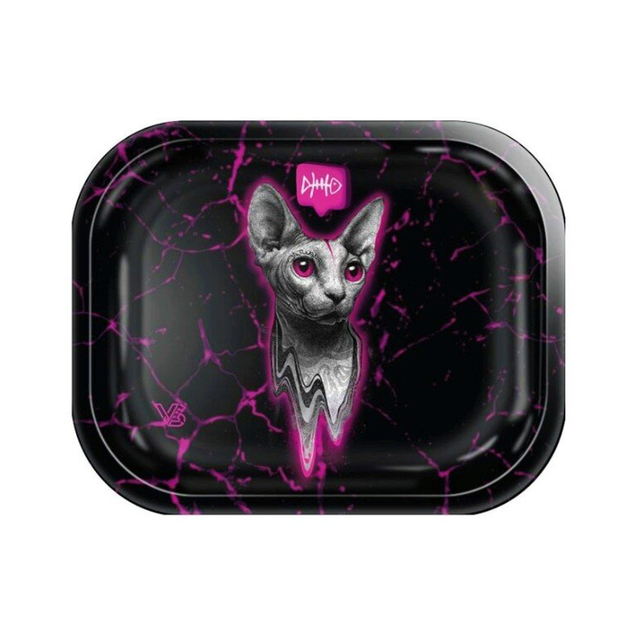 V Syndicate Rolling Tray Schwarz mit Sphynx Katze und pinkem Marmor Muster