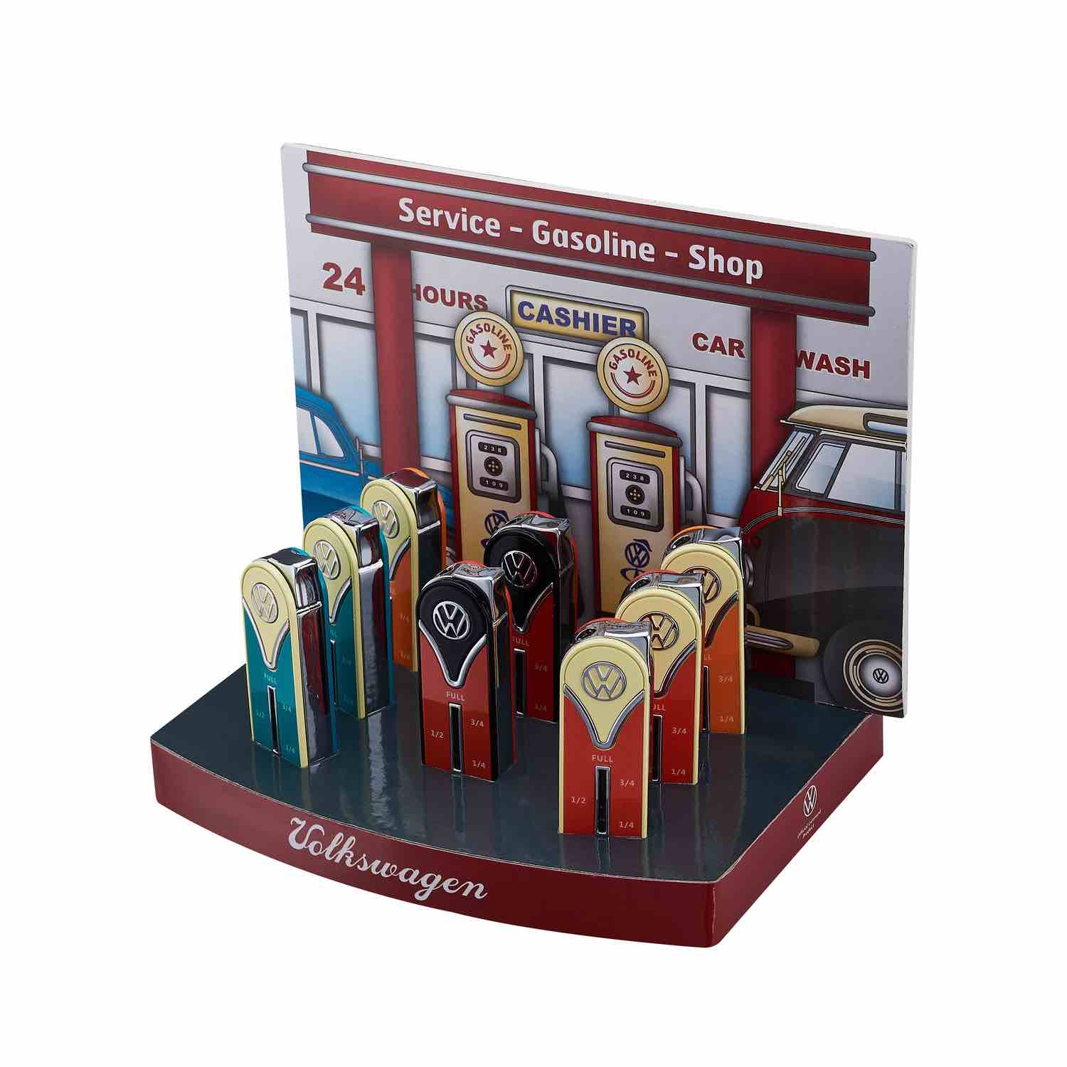 Display mit 8 VW Bulli Tanksäulen-Feuerzeugen in verschiedenen Farben