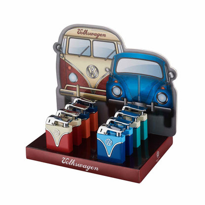 Display mit 8 VW Bulli Tankkanister-Feuerzeugen in Mischfarben