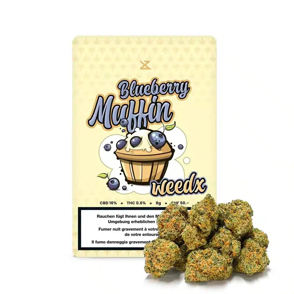 Weedx Blueberry Muffin Indoor CBD Blüten 8g Packung Vorderseite