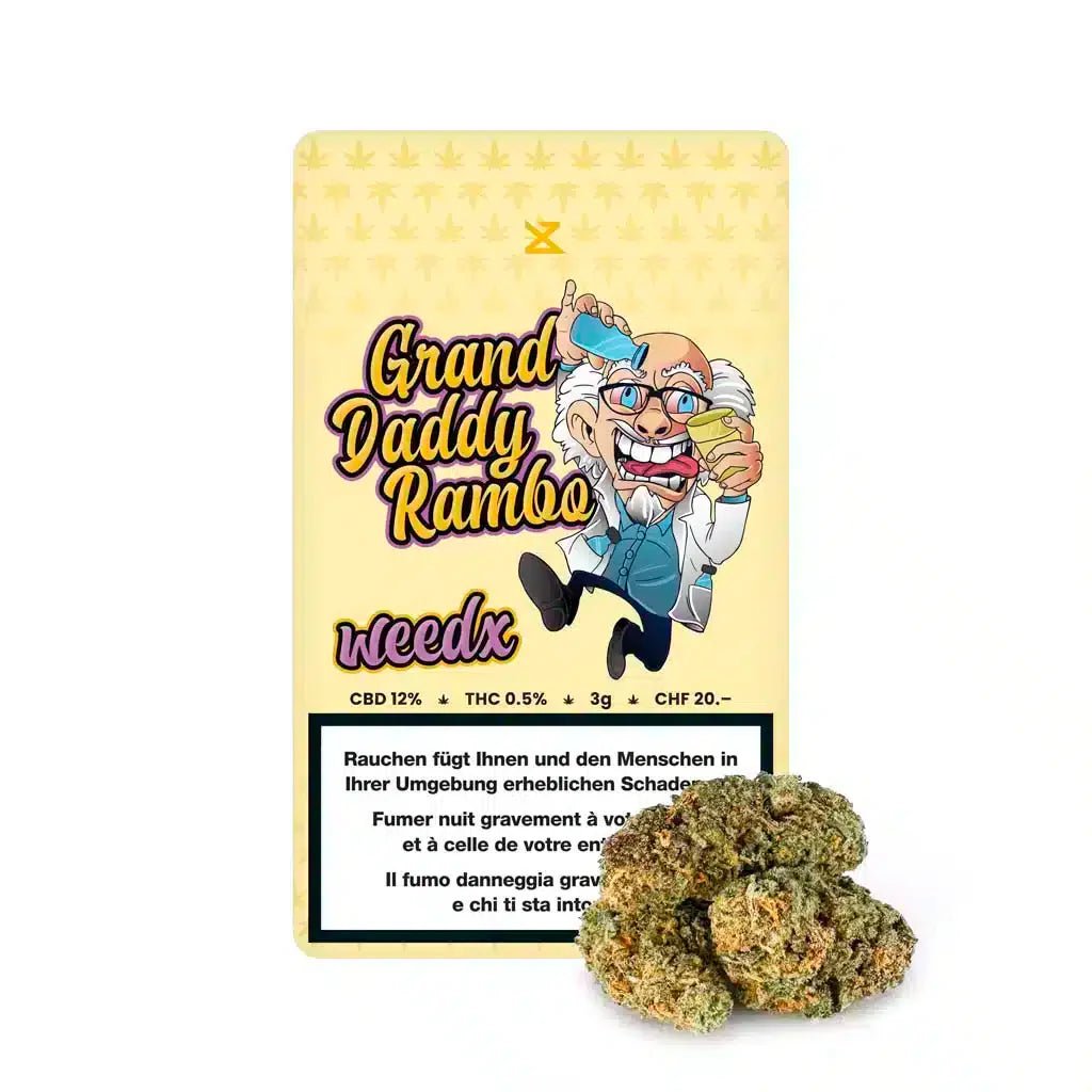 Weedx Granddaddy Rambo Indoor CBD Blüten 3g Packung Vorderseite