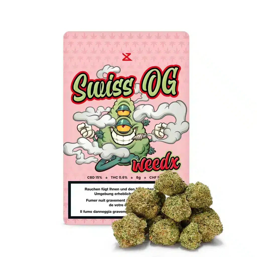 Weedx Swiss OG Indoor CBD Blüten 8g Packung Vorderseite