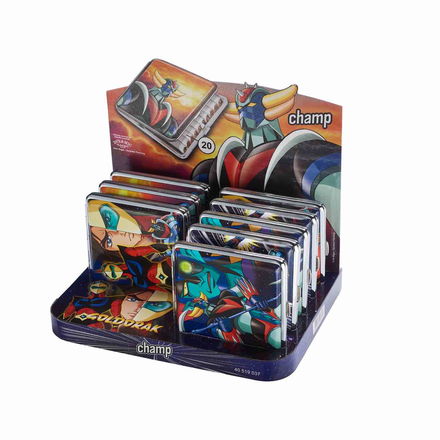 Display mit 8 Goldorak Zigarettenetuis aus Metall