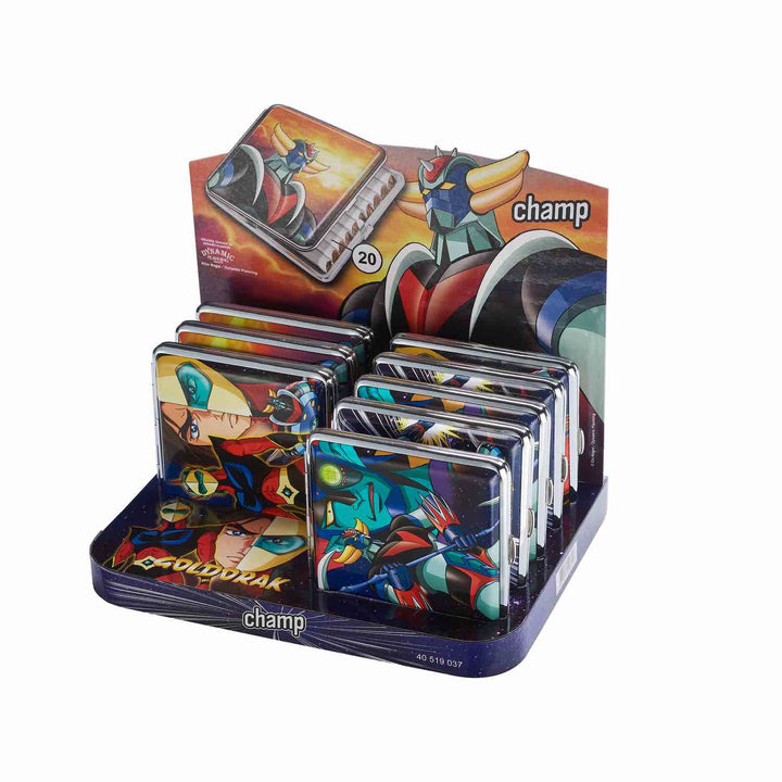 Display mit 8 Goldorak Zigarettenetuis aus Metall